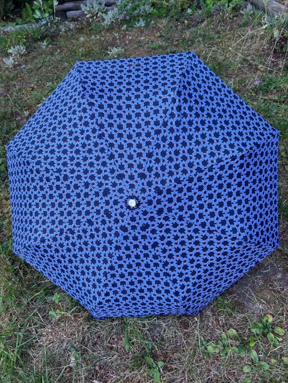 NWT Kate Spade Umbrella Blue and Pink Spade Pattern Clear and Gold Handle